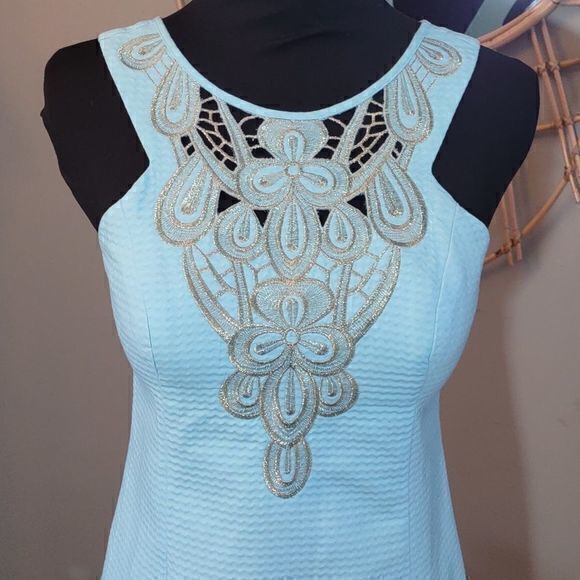 Lilly Pulitzer Gold Metallic Lace Breakwater Blue Jacquard Largo Shift Dres Sz 2 - Picture 3 of 14